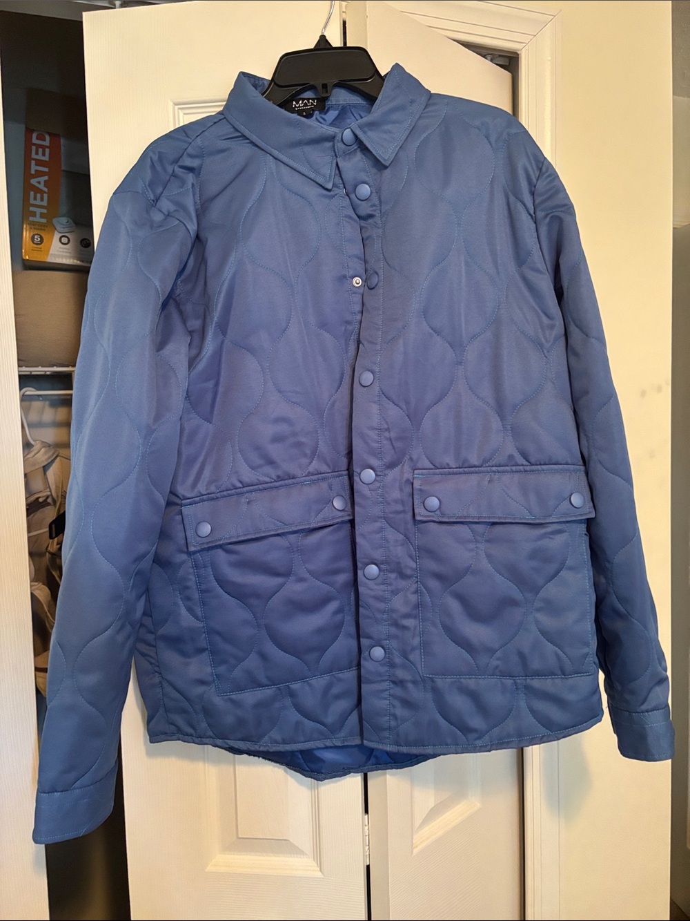 Quilted Slate Blue Snap-Front Puffer Jacket